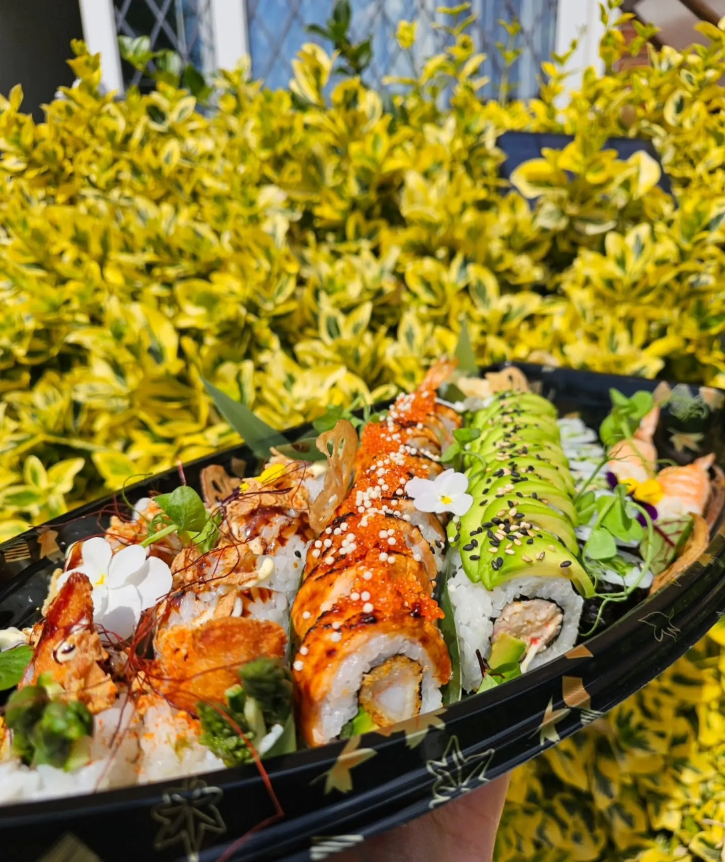 Megumi holding a finished boat platter up in the sun: torched salmon with roe, avocado rolls and tempura prawn